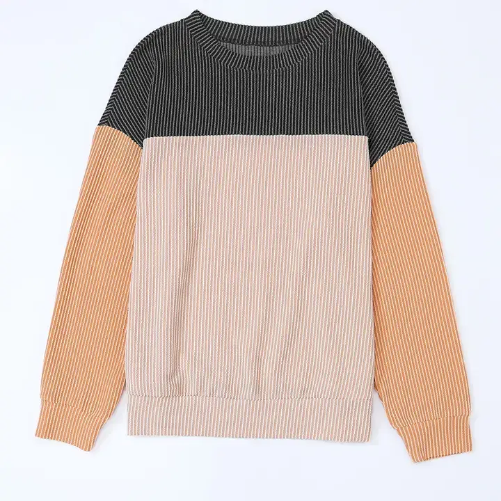 Lovesoft - Wholesale Knit Top - Women's - Khaki Block Long Sleeve Ribbed Loose Casual Top4