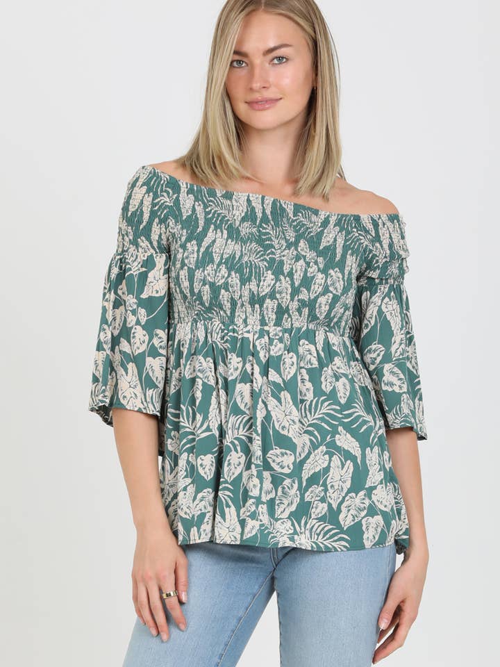 P2Y45-A857 SMOCKED OFF SHOULDER FLARE SLEEVE BLOUSE for wholesale by ANGIE