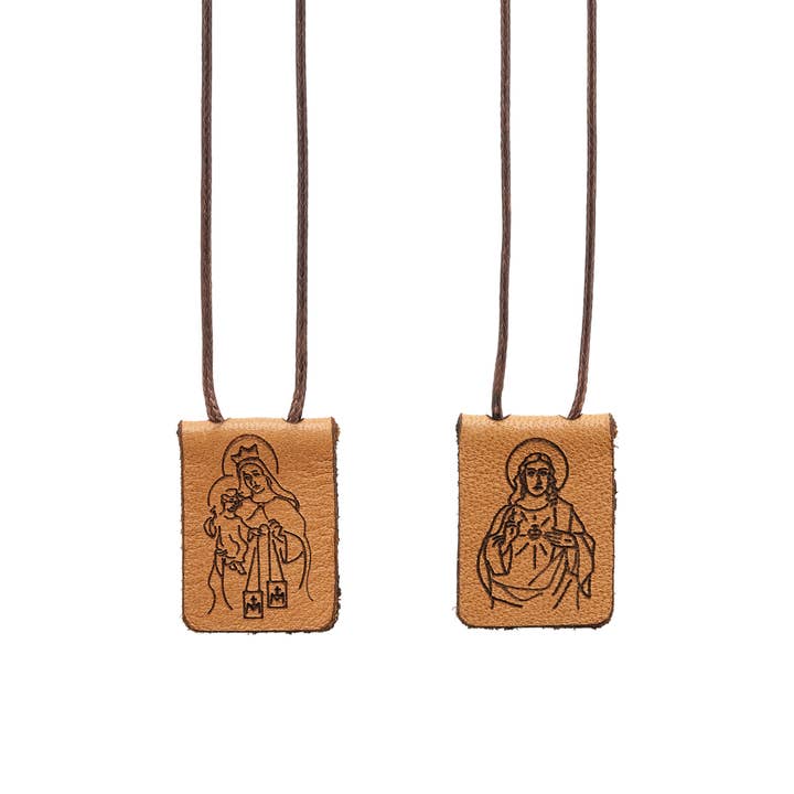Scapular - Sacred Heart of Jesus + Lady Mt. Carmel LEATHER for wholesale by Oremus Mercy