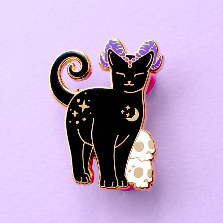 Glitter Punk - Wholesale Lapel Pin/Button - Halloween Horned Cat Enamel Pin; Gothic black cat with spook