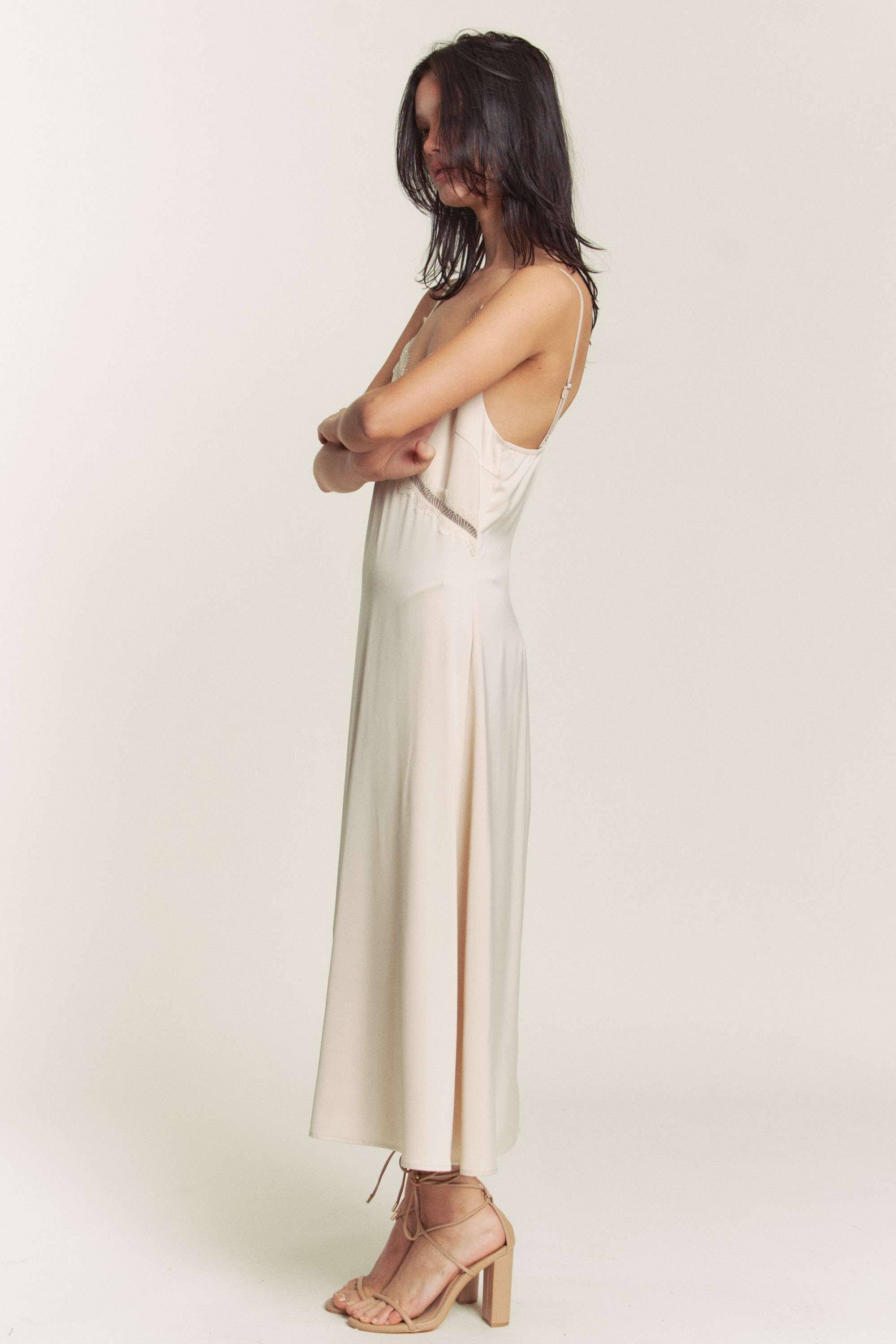 Hers & Mine - Wholesale Dress - Women's - SATIN SPAGHETTI STRAP X LACE TRIM MIDI DRESS7