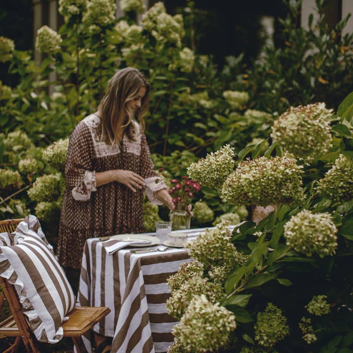 Heirloomed Collection - Wholesale Tablecloth - Linen Tablecloth - Broad Stripe in Tobacco