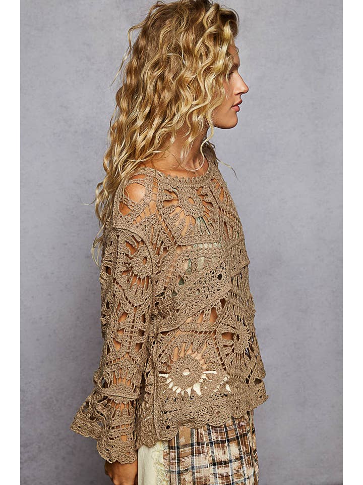 Pol Clothing - Wholesale Knit Top - Women's - Round Neck 3/4 Sleeve Crochet Cropped Top14