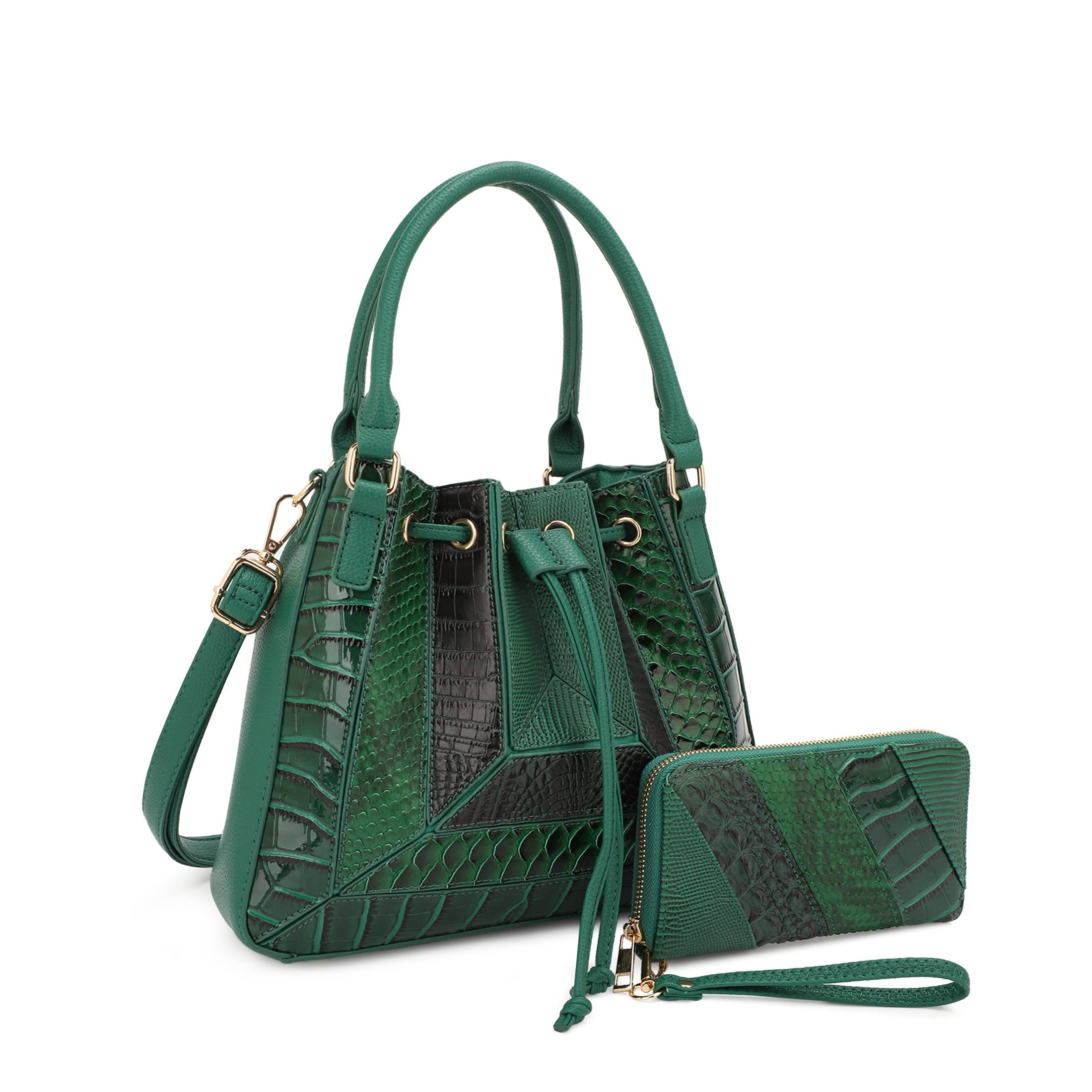 Black ROWENA PATCHWORK BUCKET BAG SET WITH WALLET for wholesale on Faire5