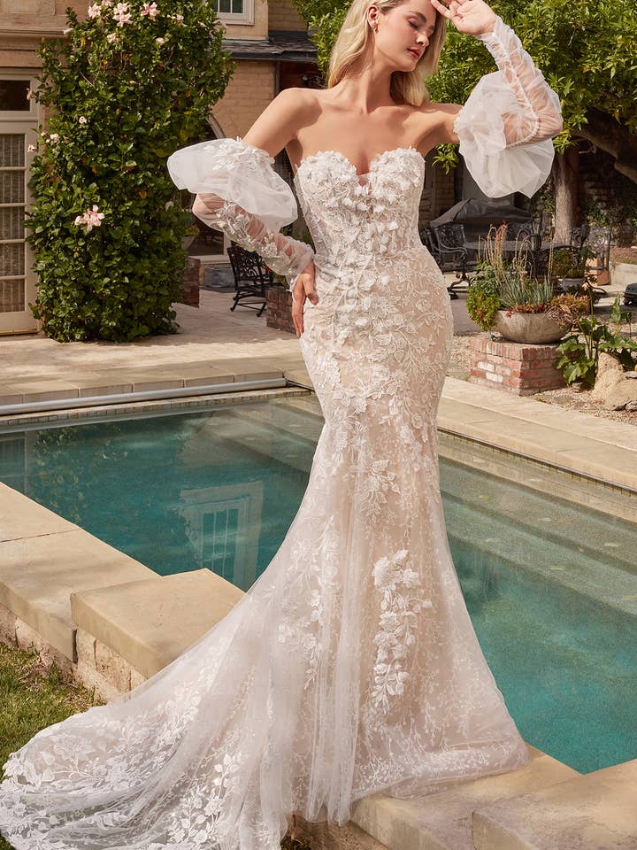 OFF WHITE NUDE LACE MERMAID BRIDAL GOWN WITH REMOVABLE SLEEVES for wholesale on Faire