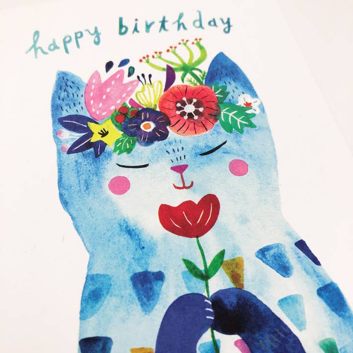 Honeyberry Studios - Wholesale Birthday Card - Blue Flower Kitty Birthday Greeting Card1