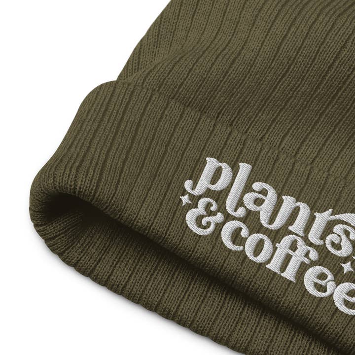 Above The Soil - Wholesale Beanie - Unisex - Plants and Coffee Olive Ribbed Knit Beanie - Coffee Shop3