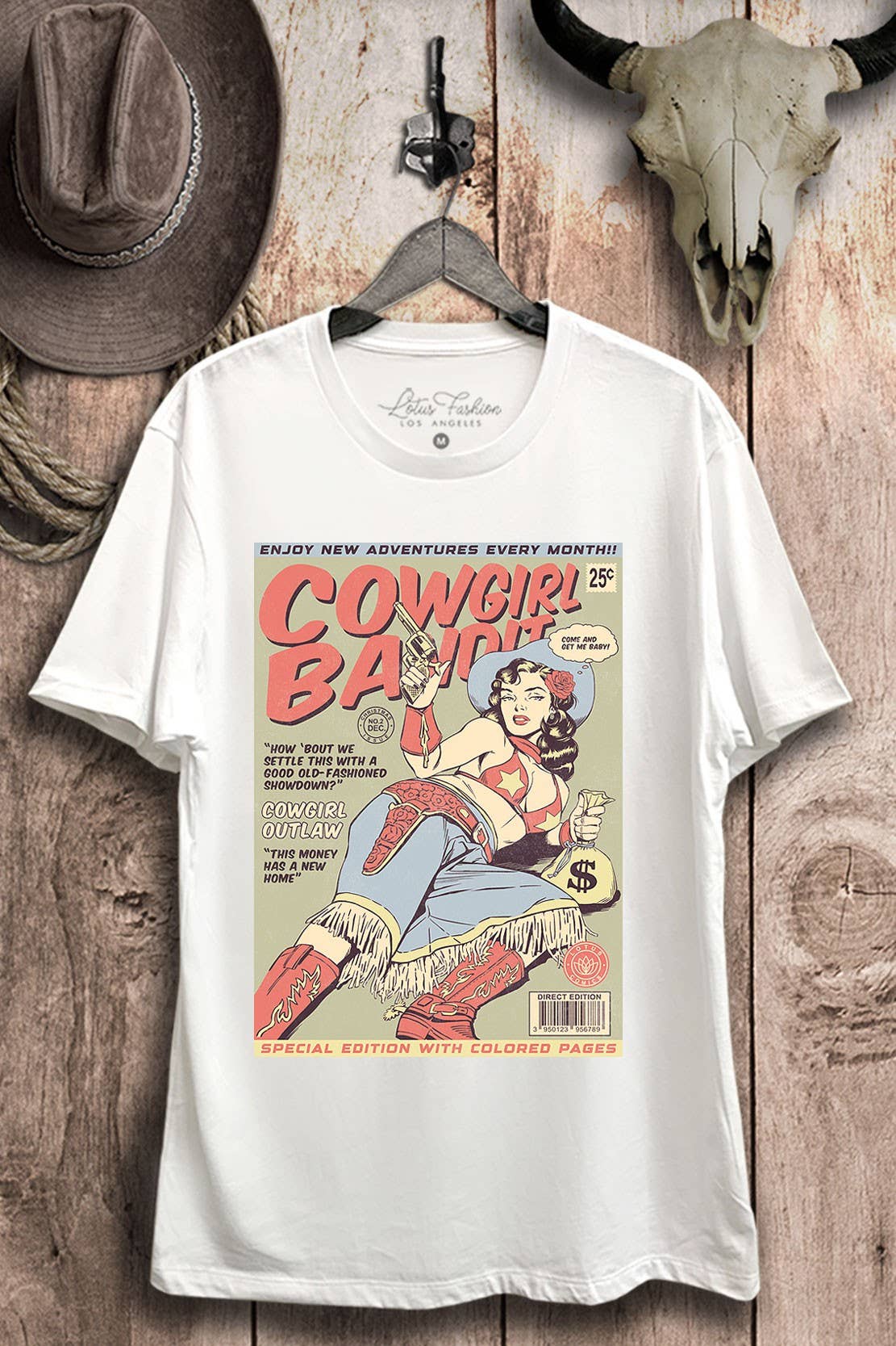 Lotus Fashion Collection - Vendita all'ingrosso Maglietta serigrafata - Donna - Top grafico retrò western da bandita cowgirl6