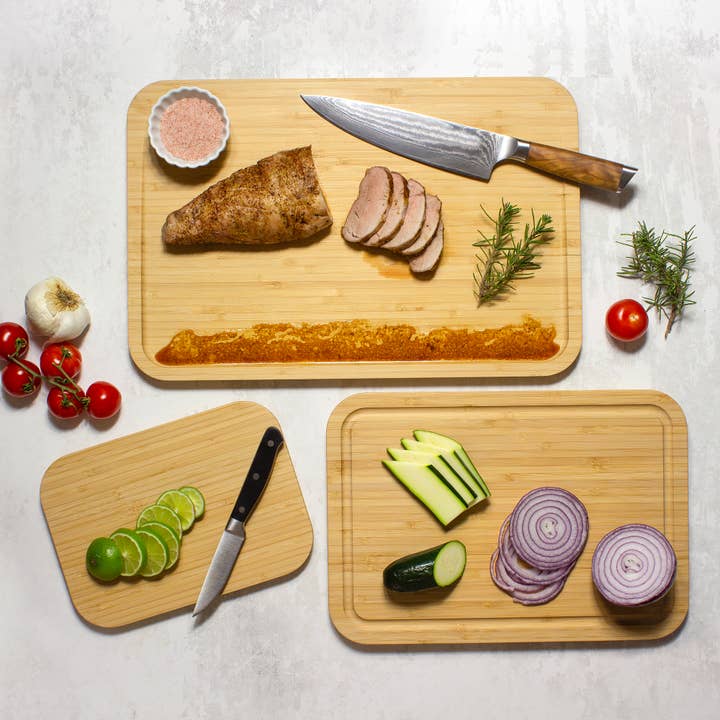3-Piece Bamboo Wood Cutting Board Set with Juice Grooves for wholesale by Totally Bamboo