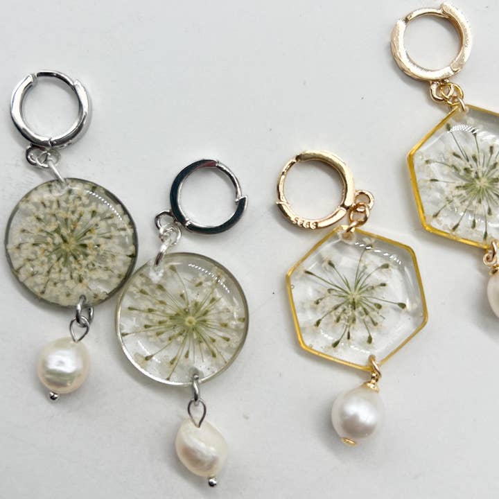 Pressed Queen Anne’s Lace Hexagon Huggies with Freshwater Pearls | Sterling Silver or 24K Gold Fill Hoops for wholesale by Remedy Designs