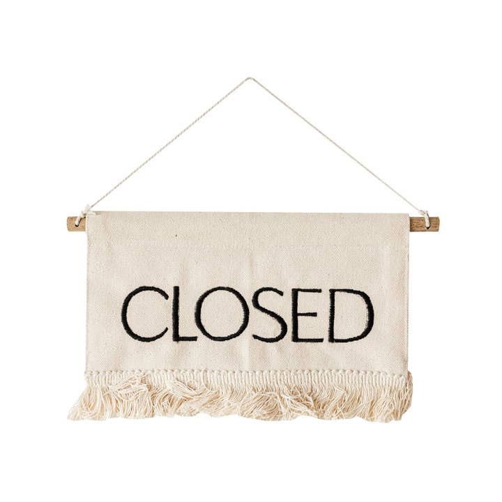 Foreside Home & Garden - Wholesale Sign - Claudia Cotton Embroidered Hanging Open Closed Sign Fringe4