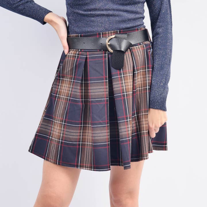 Black camel Plaid short skirt with belt TDM72824-3 for wholesale on Faire1