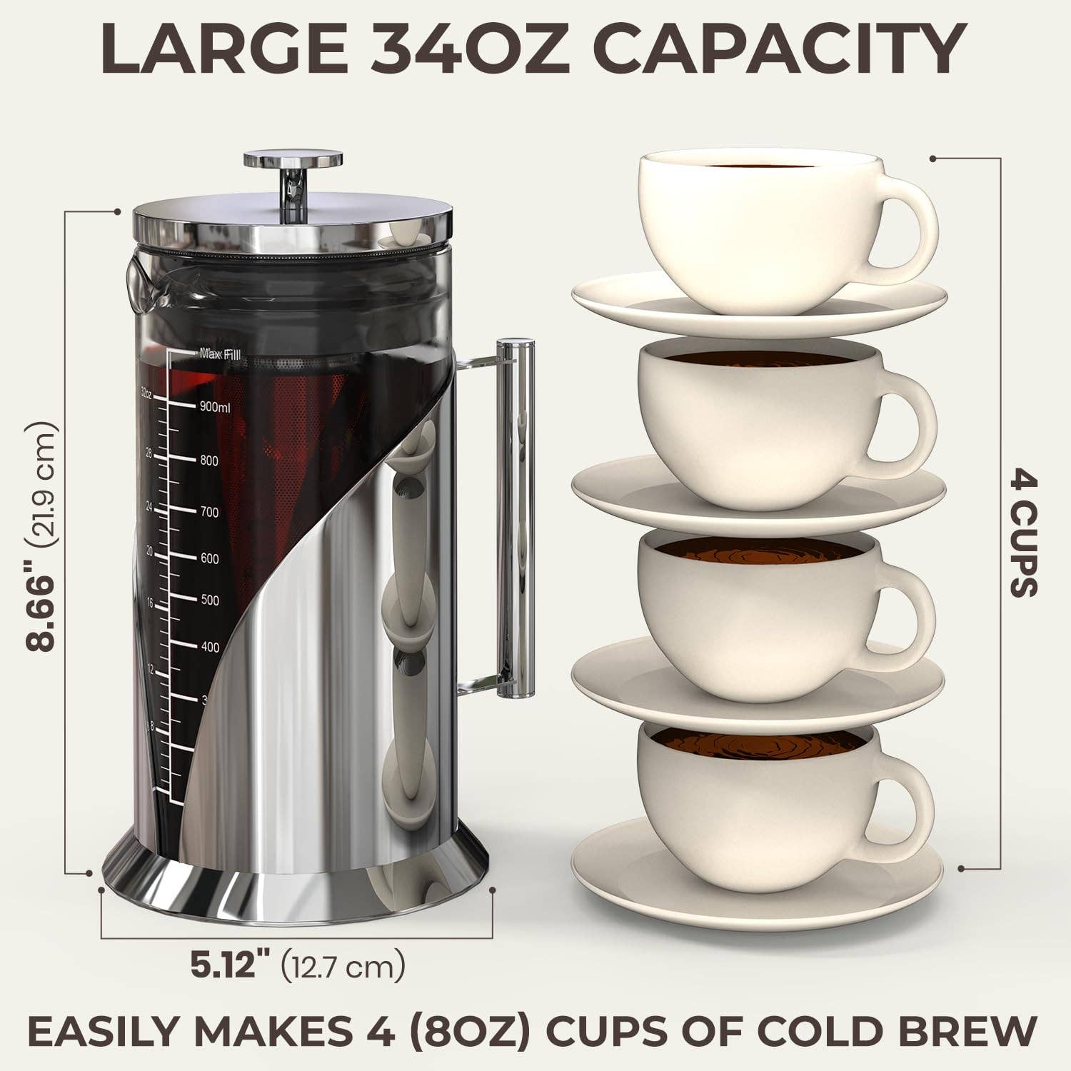 Infinite Basics – Máquina de café por atacado – Cafeteira de Café Cold Brew Cafe Du Chateau - Jarra de Café e Chá Gelado Hermética de 34oz com Rótulo de Medição, Filtro de Aço Inoxidável, Ideal para Armazenamento no Frigorífico5