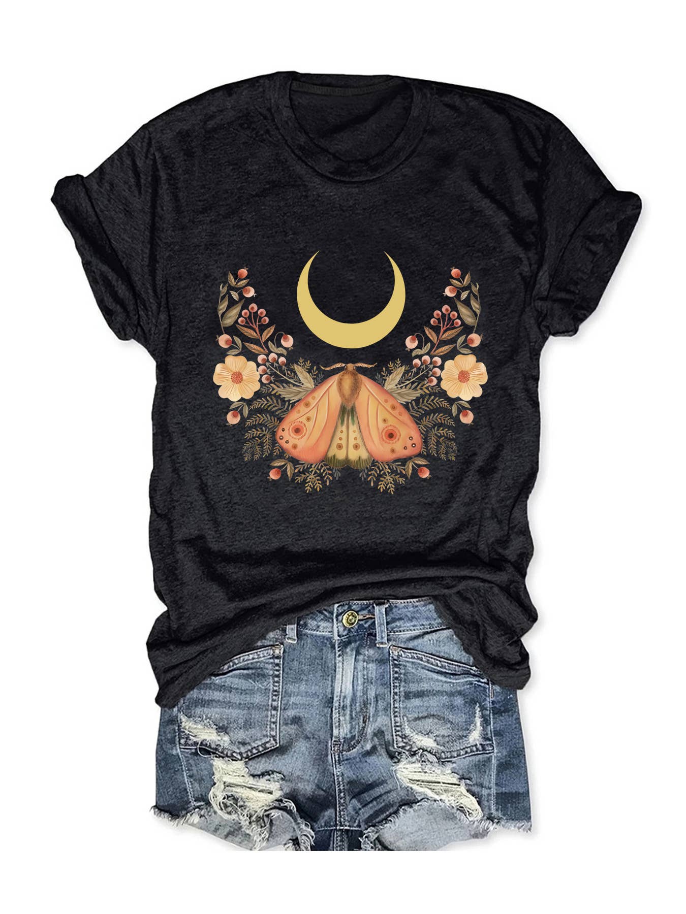 Rosa Clothing - Vente T-shirt sérigraphié – femme - T-shirt à motif en forme de croissant décroissant, de fleurs sauvages et de papillons0