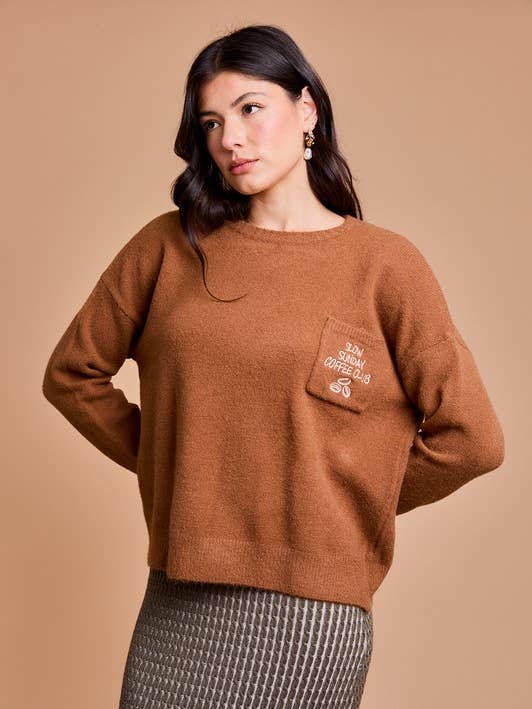 ROUND NECK "SLOW SUNDAY COFFEE CLUB" PULLOVER SWEATER for wholesale by GILLI