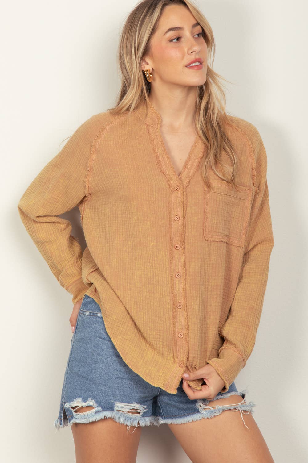 VERY J - Wholesale Button Down Shirt - Women's - NT11350-Oversized Washed Woven Crinkled Gauze Shirt Top4