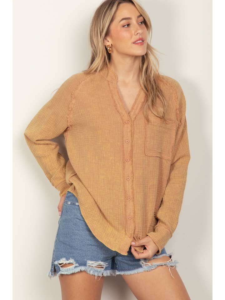 VERY J - Wholesale Button Down Shirt - Women's - NT11350-Oversized Washed Woven Crinkled Gauze Shirt Top4