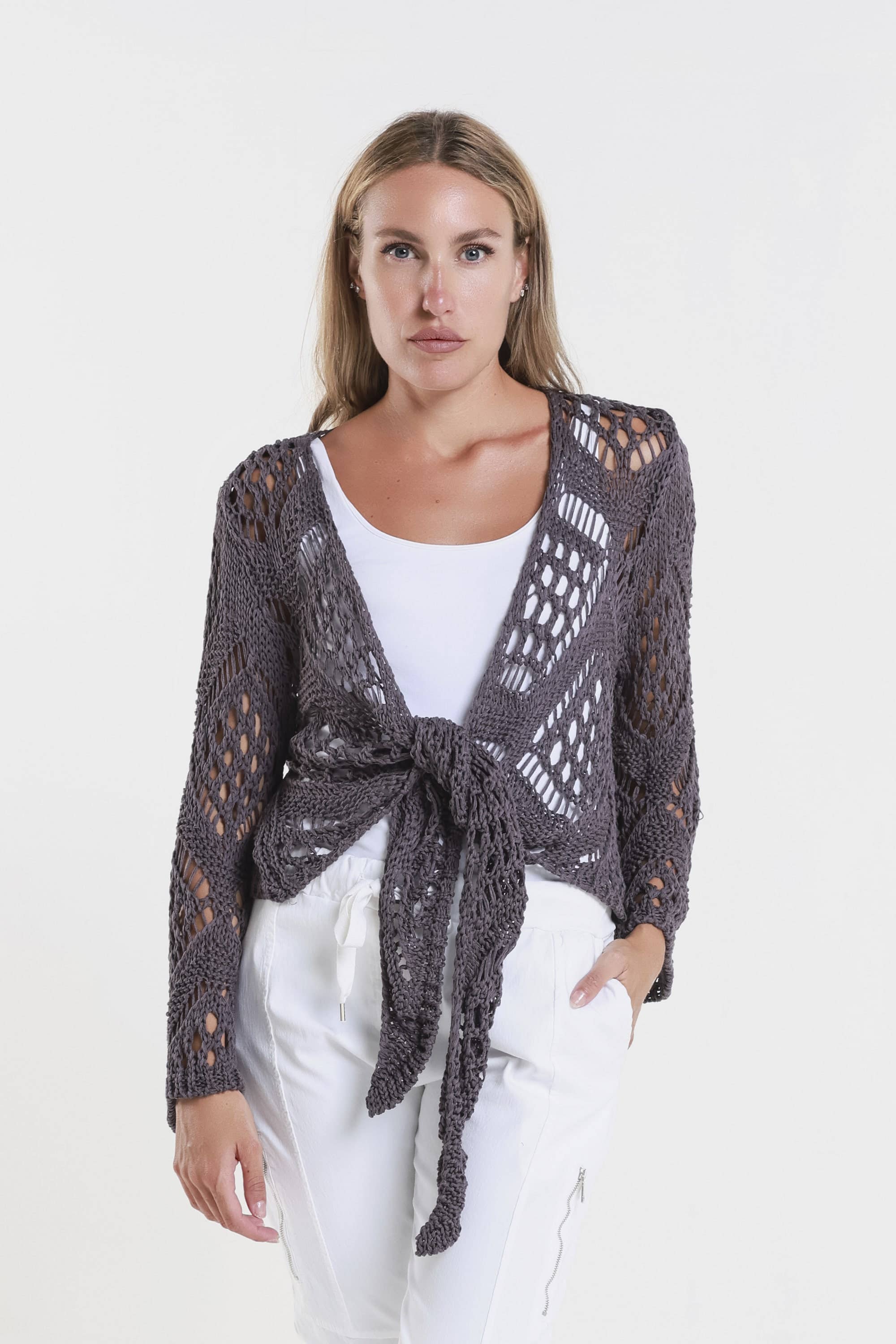 TINA Stephens Italy/Tees By Tina - Vente Cardigan – femme - Boléro Kandra en tricot ouvert à nouer sur le devant (CLS303)10