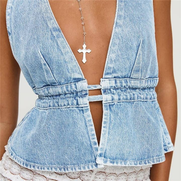 Plush Looks - Wholesale Blouse - Women's - Denim Sleeveless Backless Halter Tie Top