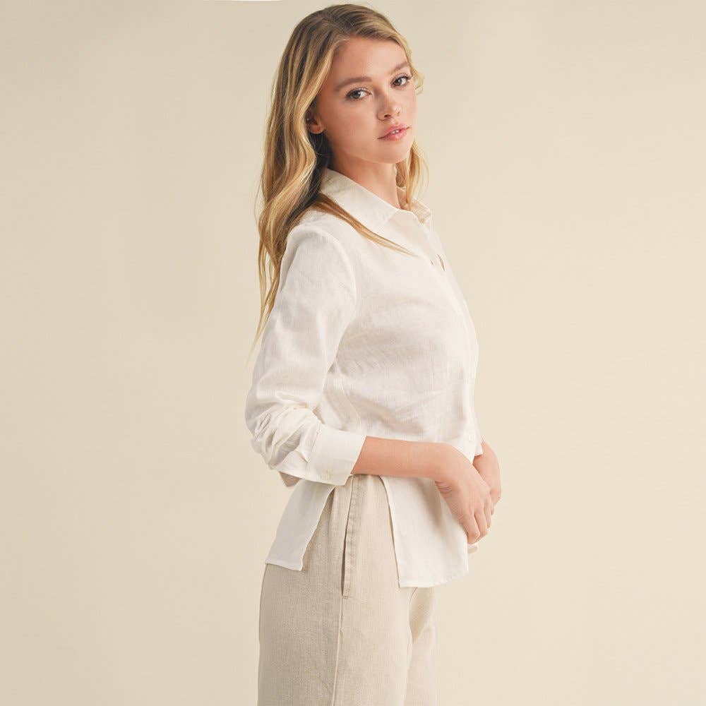 Paperdoll - Wholesale Button Down Shirt - Women's - LINEN BLEND LONG SLEEVE BUTTON DOWN SHRT WITH SIDE SLITS5