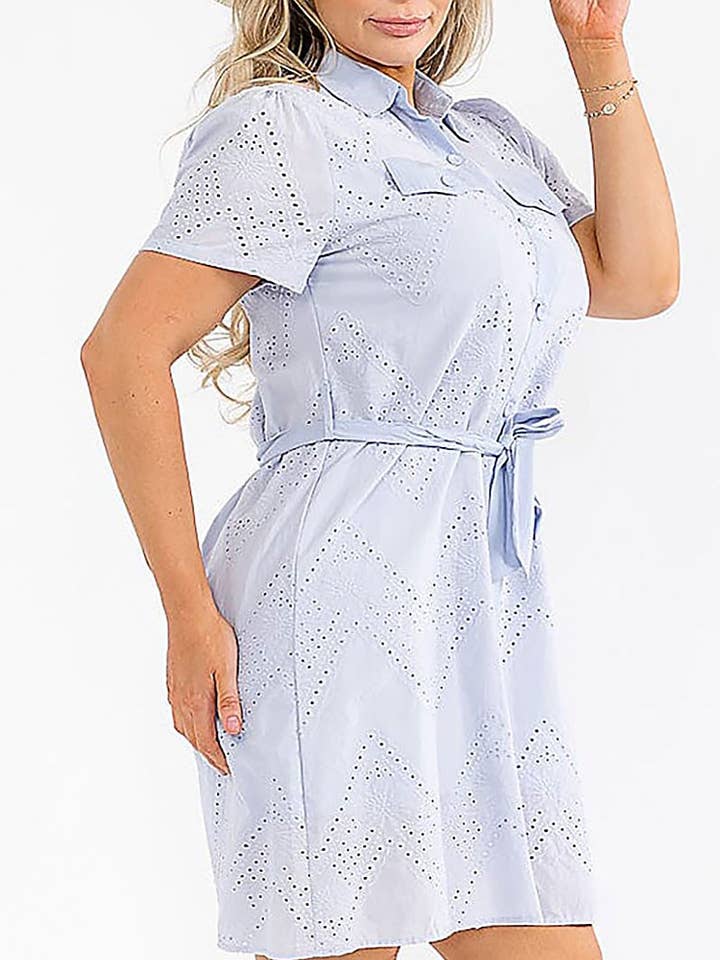 SHORT SLEEVE BUTTON UP SELF TIE EYELET MINI DRESS for wholesale by ROUSSEAU