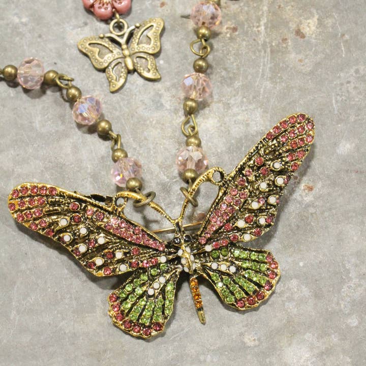 The Primitive Peddler, Inc. - Wholesale Pendant/Charm Necklace - Fly High Butterfly Bling Blushing Layered Necklace