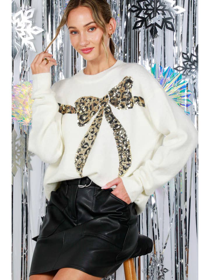 Vine & Love - Wholesale Knit Sweater - Women's - Leopard Sequin Bow Design Crew Neck Knitted Sweater VT82024