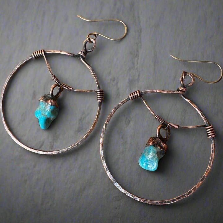 Raw Turquoise Hoops - Bohemian Handmade Jewelry for wholesale by Blackbird & Sage Jewelry