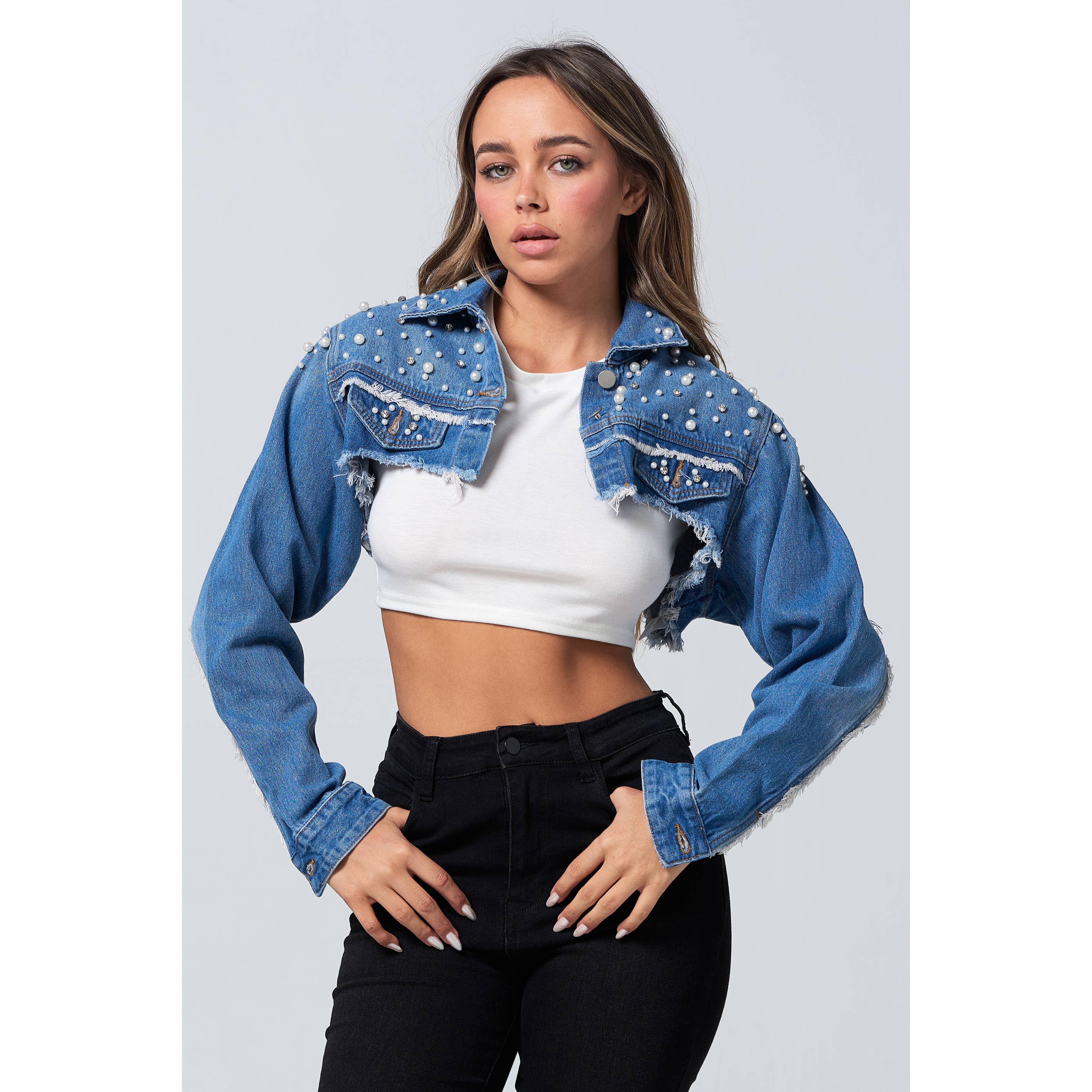 Blue Turtle - Wholesale Denim Jacket - Women's - Diamond Pearl and Rhinestone Super Crop Denim Jacket Light JK220712