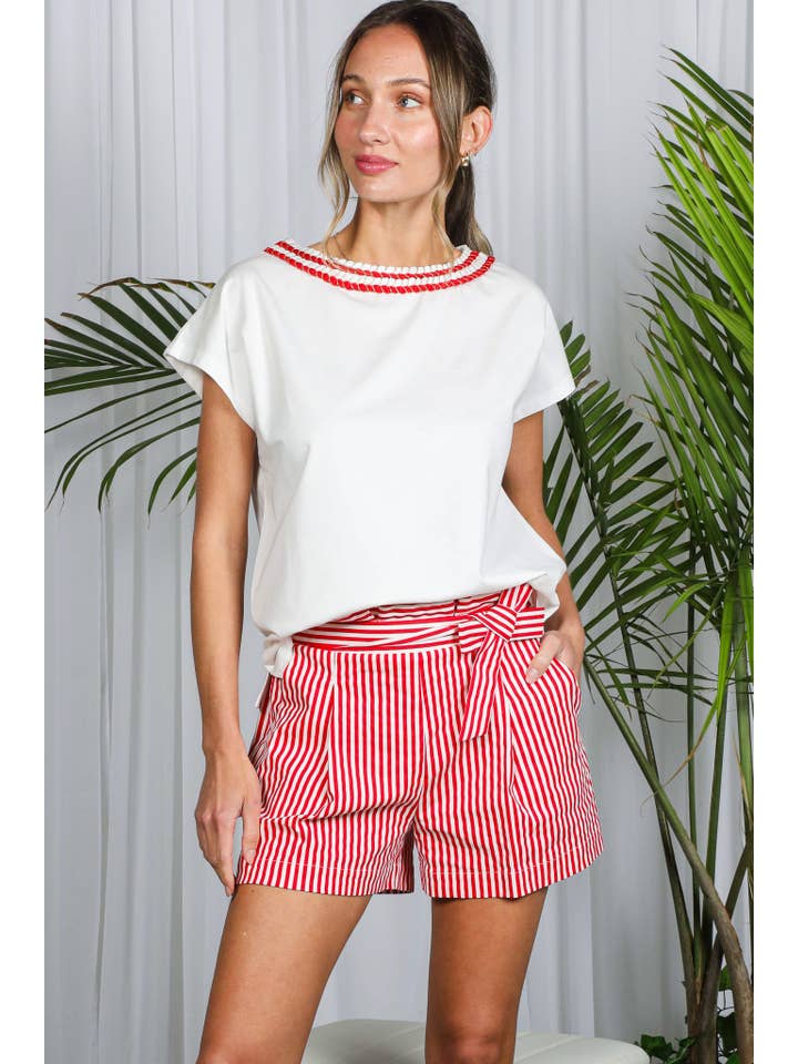Vine & Love - Wholesale Knit Top - Women's - Braid Trim Round Neck Cotton Knit Top VT82394