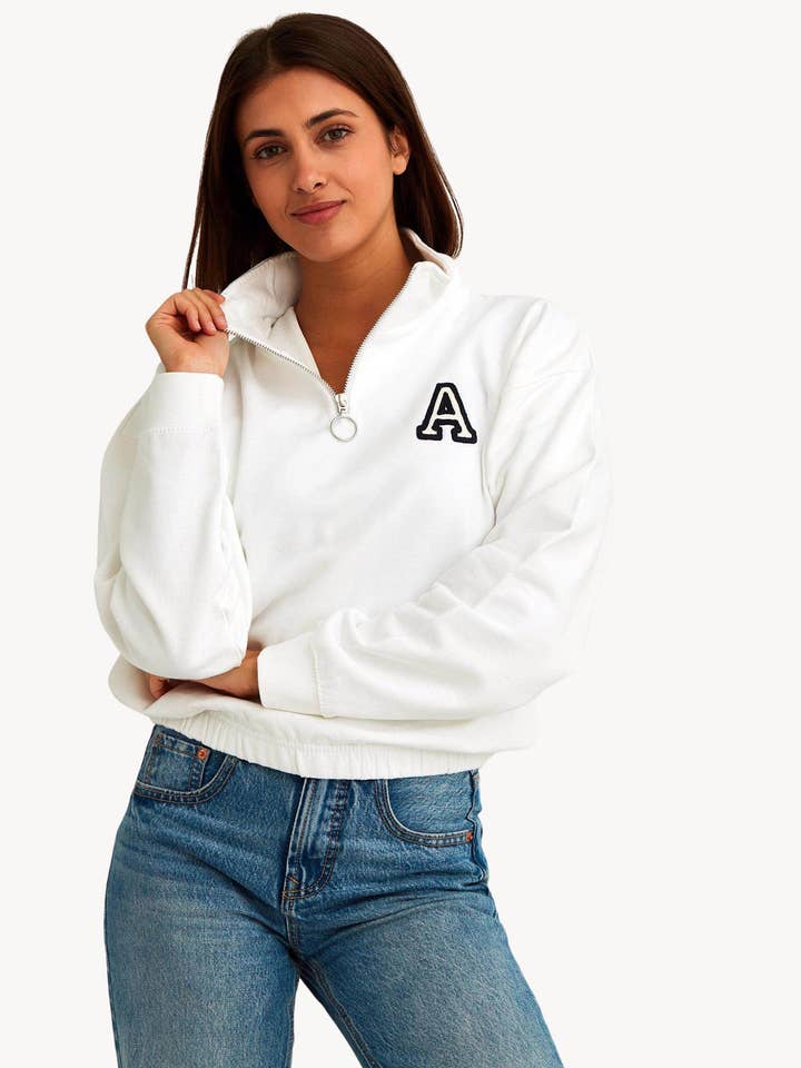 SWEAT CROP ZIPPER BLANC | INITIALE MICRO pour la vente par Anitials