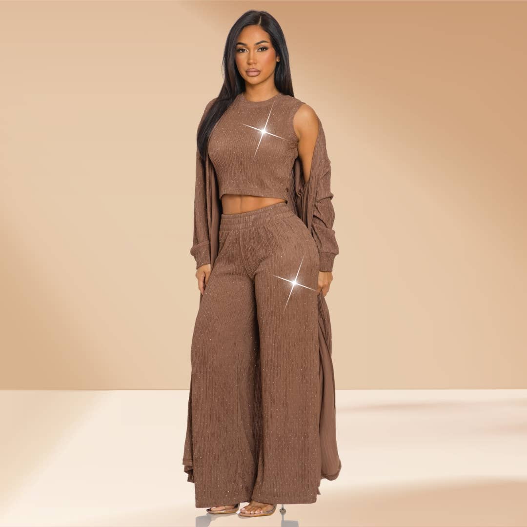 Celystrends - Vente Ensemble haut et pantalon (PAS d'intérieur) - Femme - Ensemble de 3 pièces avec pierres partout : pantalon et cardigan13