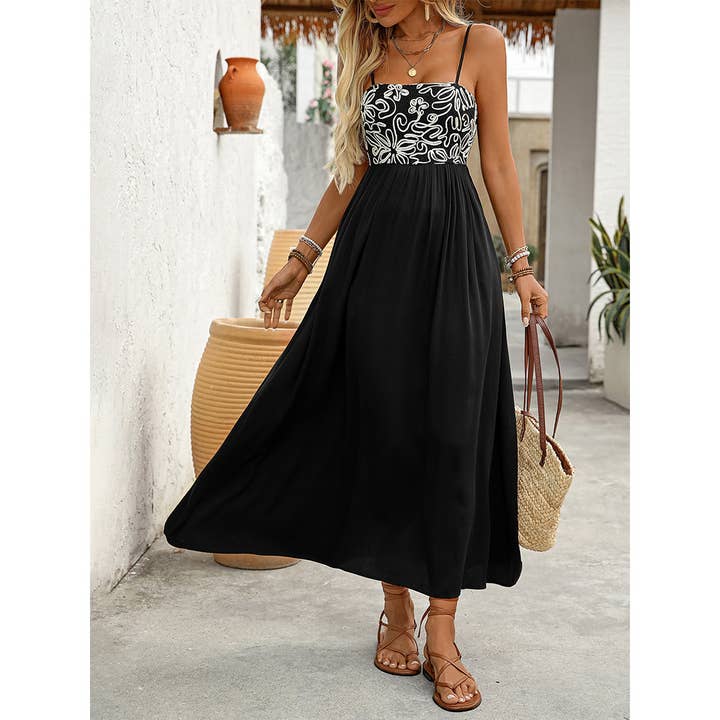Black Summer Ethnic Style Floral Splice Cami Dress for wholesale on Faire