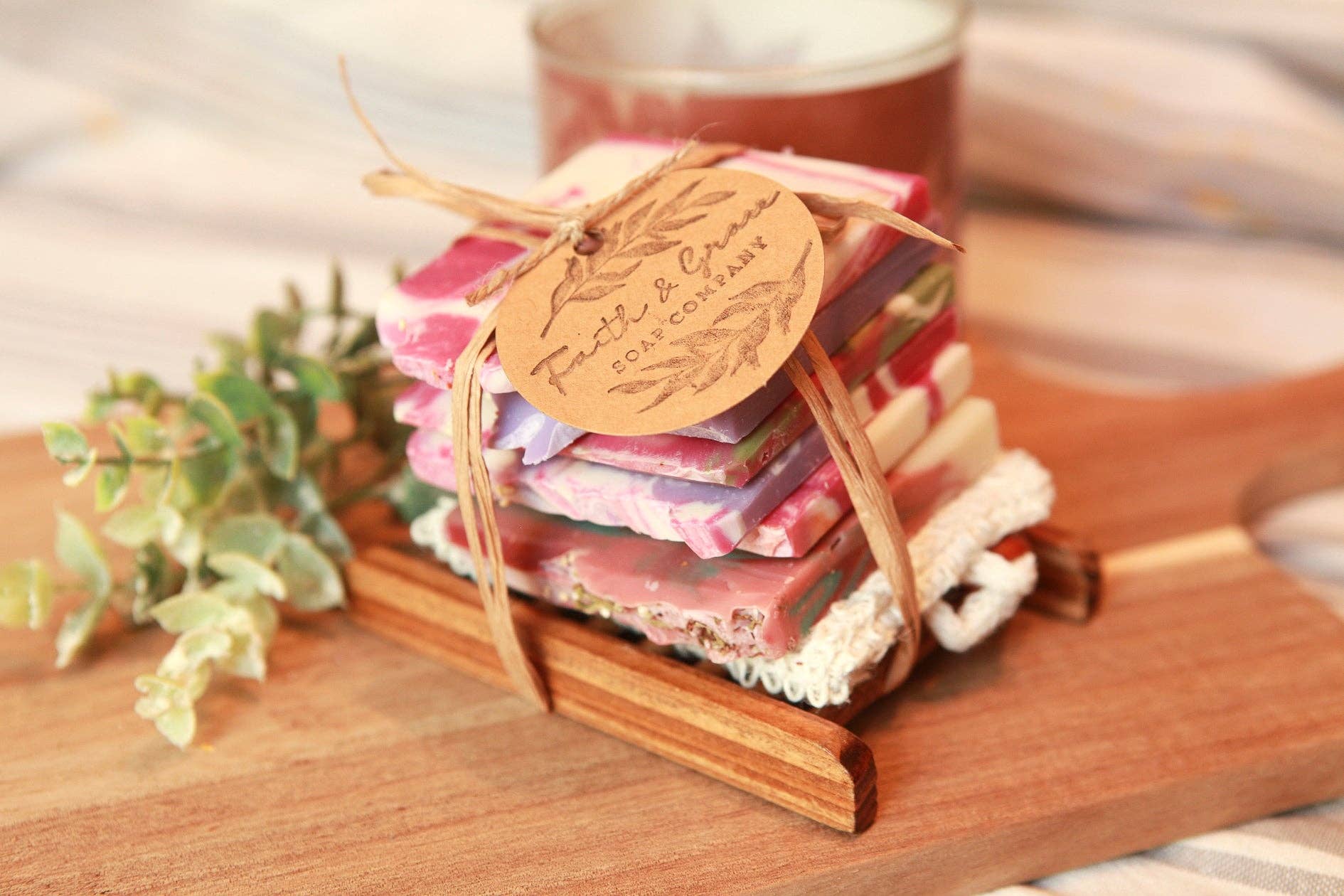 Faith and Grace Soap Co. - Wholesale Soap Set - Soap Ends Gift Set with Wood Soap Dish and Sisal Bag1
