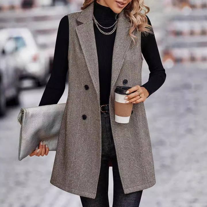 LONG SLEEVELESS SOLID COLOR SUIT JACKET for wholesale by Lily Clothing