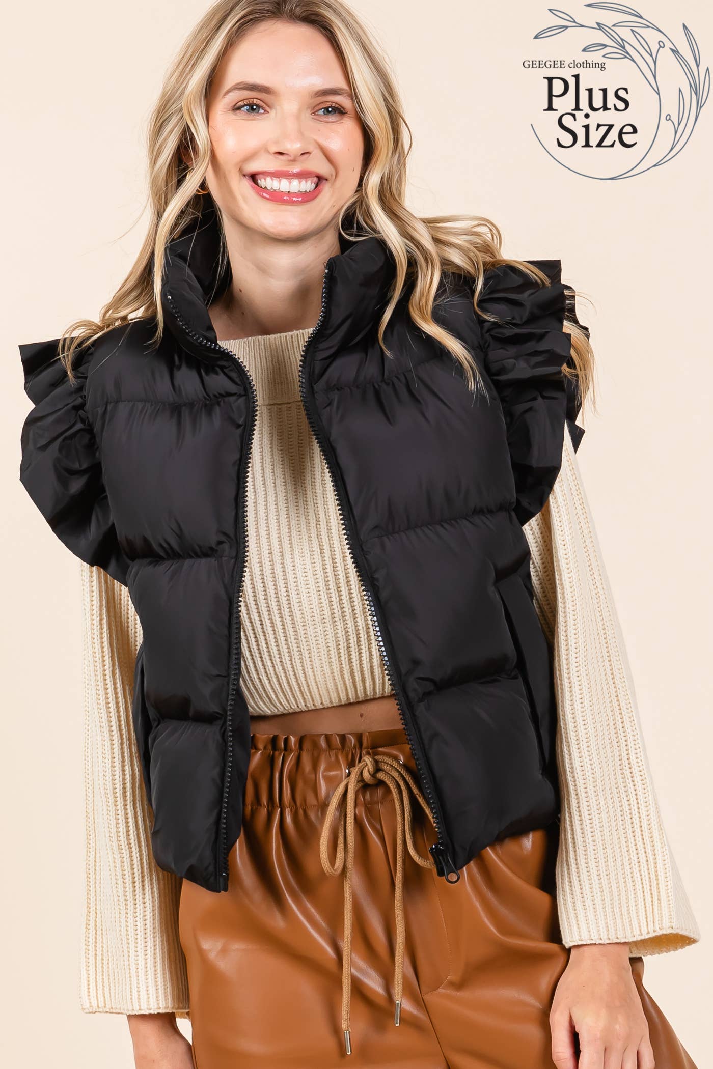 GeeGee x Lovelo - Wholesale Outerwear Vest - Women's - Plus Ruffled Sleeve Puffer Vest, MJ4501PL39