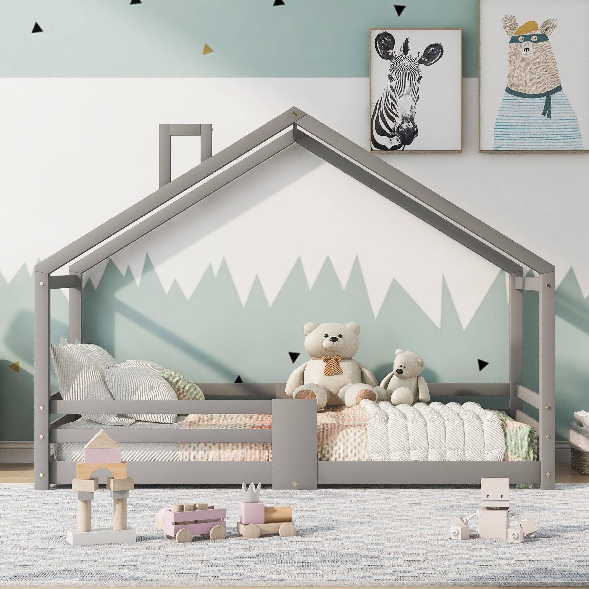 Urban Meuble - Vente Lit – enfant et bébé - Lit enfant lit cabane avec cheminée sommier à lattes robuste lit cabane en bois de pin gris, 90 x 200 cm sans matelas STRONS15