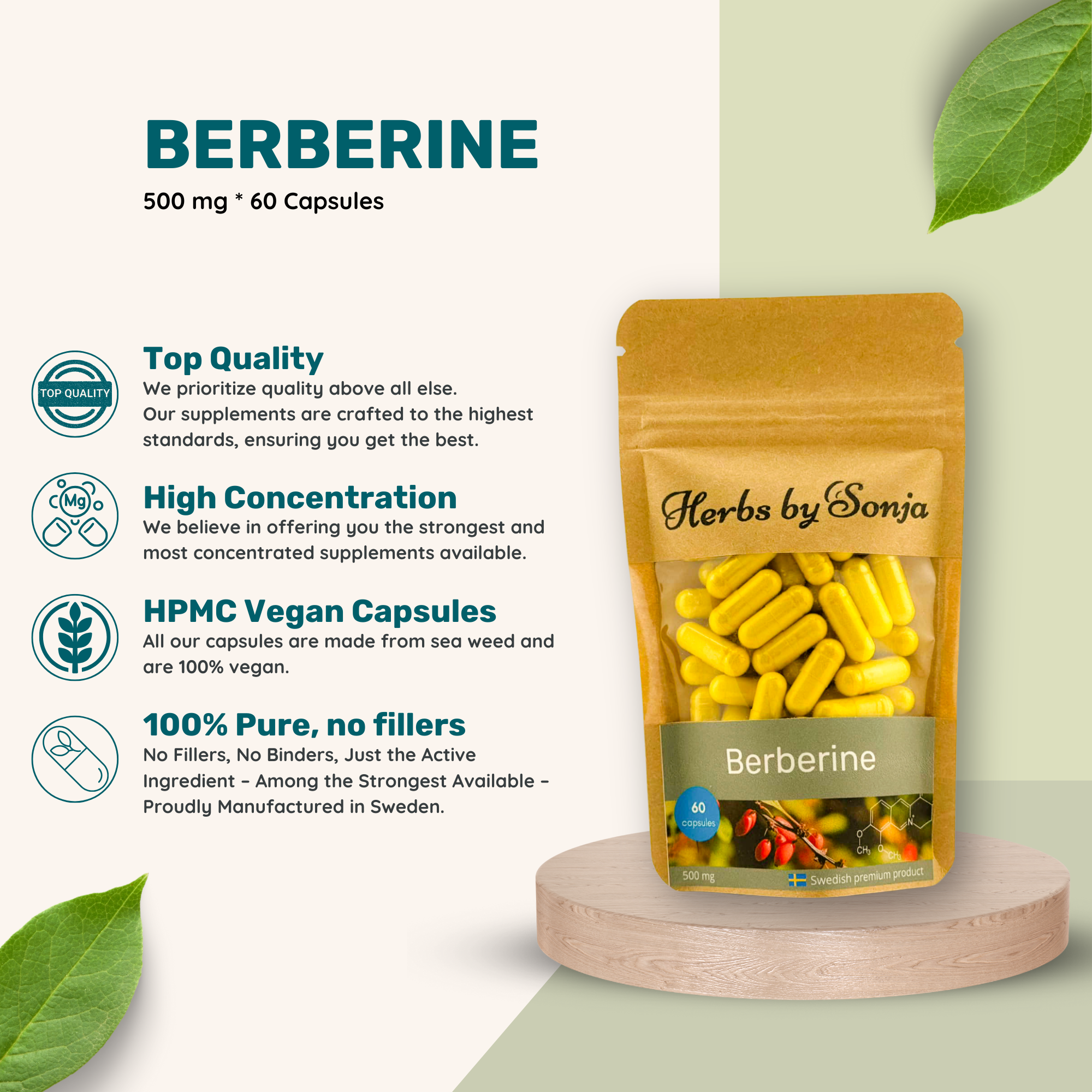 Herbs By Sonja - Natural health supplements - Wholesale Oral Supplement/Vitamin - Berberine HCL 500mg capsules – 97% Pure | Pure & Vegan1