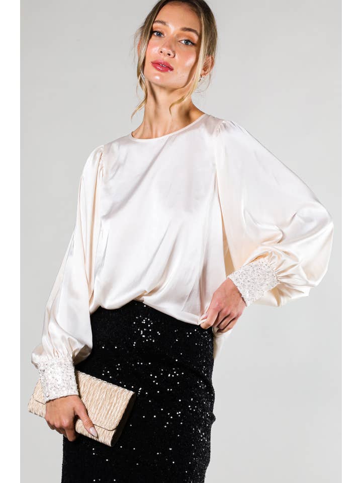 Vine & Love - Wholesale Blouse – Women’s - Sequin Cuff Accent Crew Neck Satin Blouse Top VT8125918