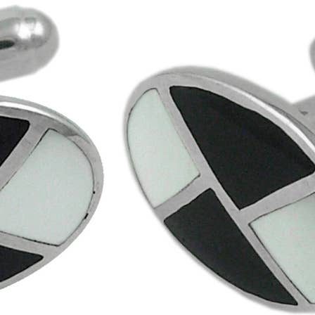 Gemelos de plata de ley inglesa con diseño de nácar y ónix negro. NÚMERO DE SKU: CU381. para venta al por mayor de Corbell Silver