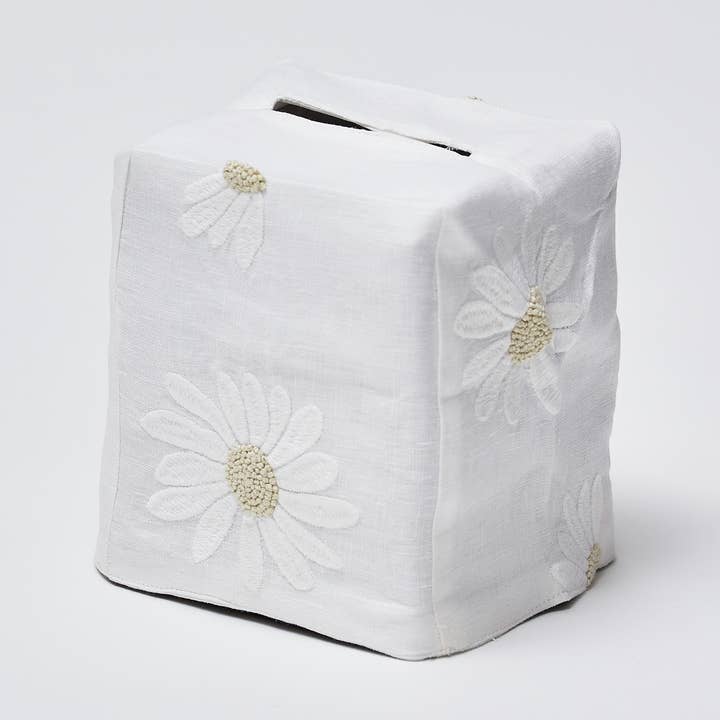 Cream Daisy tissue box cover for wholesale by Haute Home Linens
