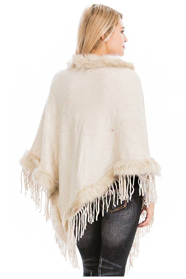 Cap Zone - Wholesale Poncho - Women's - Cable Printed Faux Fur Collar And Trimming Poncho7