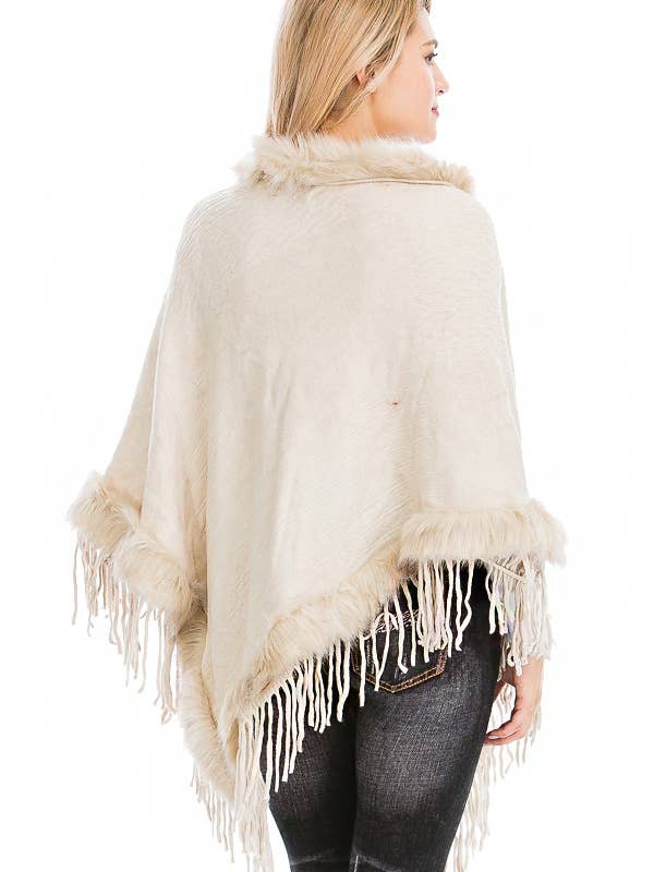 Cap Zone - Wholesale Poncho - Women's - Cable Printed Faux Fur Collar And Trimming Poncho7