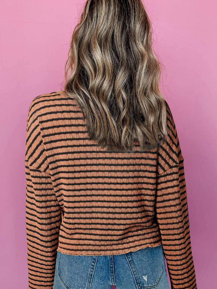 FULL TIME PURCHASE - Wholesale Knit Top - Women's - Stripe Textured Frilly Trim Buttons Henley Long Sleeve Top2