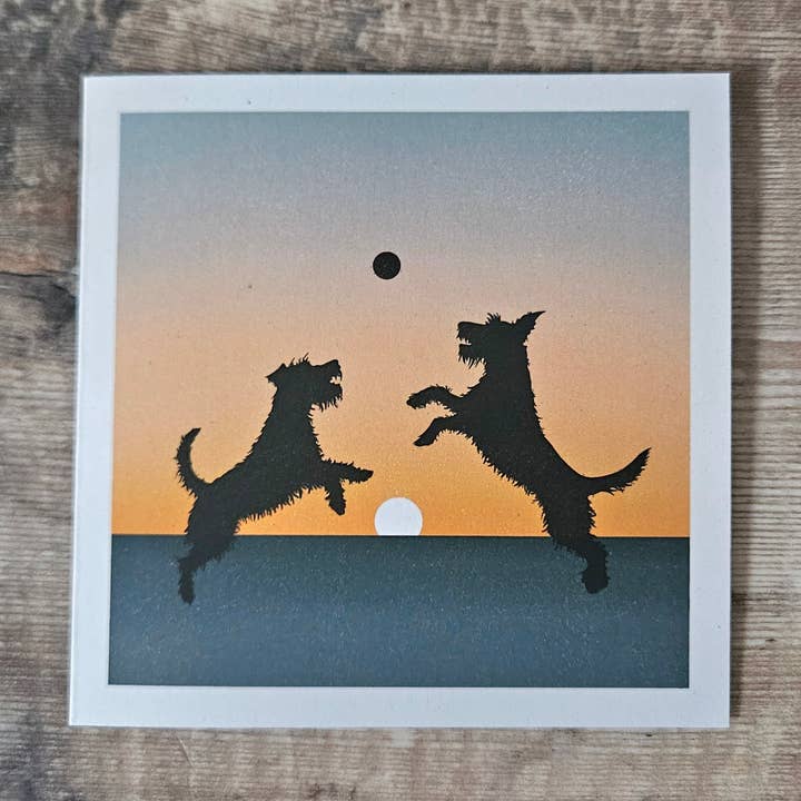 Two Terriers- Single Square Greetings Card for wholesale by Flotsam Prints