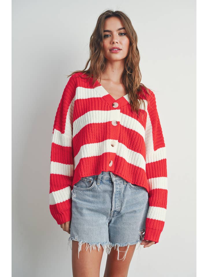 BUTTERMELON - Wholesale Cardigan - Women's - Striped V-Neck Cardigan with Buttons - BMC7331