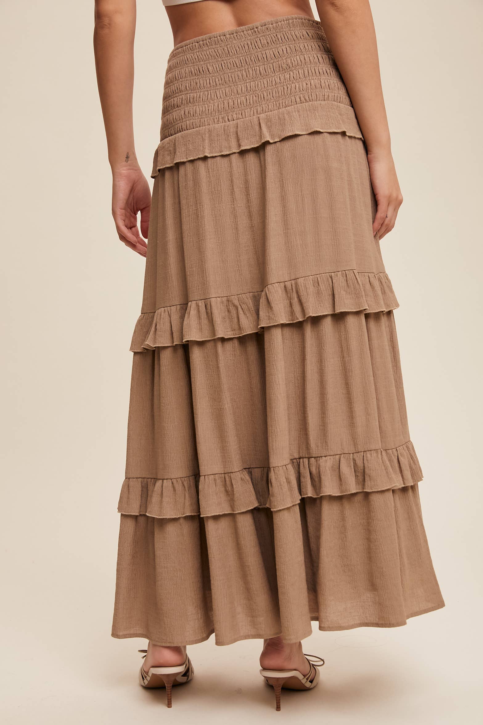 Listicle - Wholesale Skirt - Women's - 2-Way Smocked Ruffle Tiered Midi Dress or Skirt5