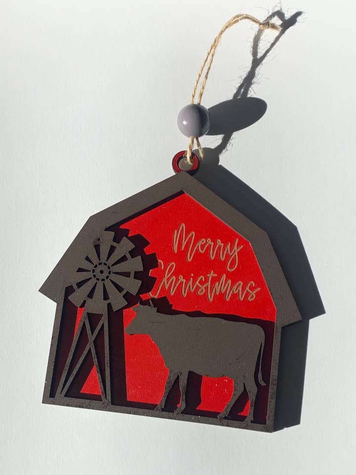 Barn Christmas Ornament with Windmill and Cow for wholesale by A Little Something