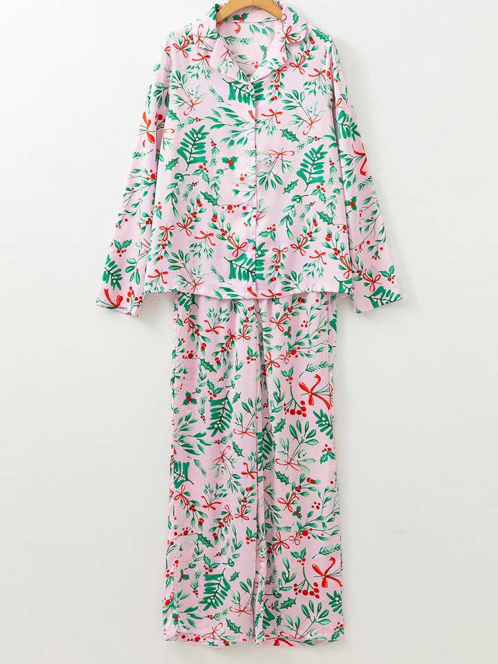 Pink Christmas Berries Plant Print Satin Long Sleeve Pajama Set for wholesale on Faire2