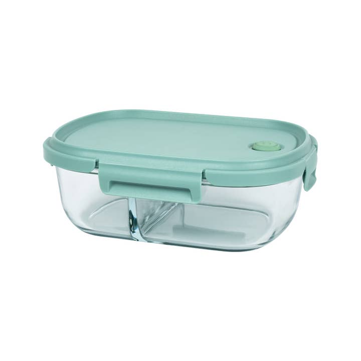 Neoflam - Wholesale Food Storage Container - Oval Bento Glass 37oz Food Storage with Divider - Blue Lid, Vent
